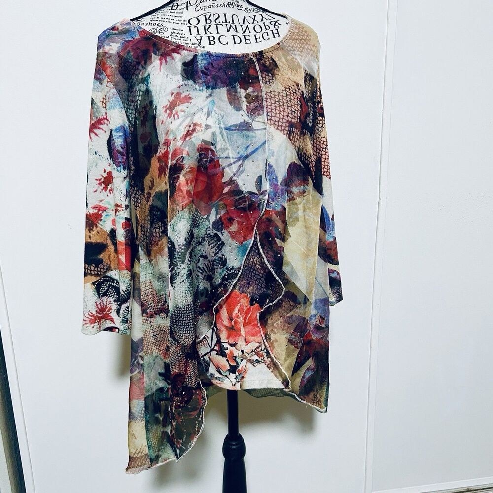 One World Woman Artsy Layered Overlay Floral Top Size L Rhinestones Boho Whimsy